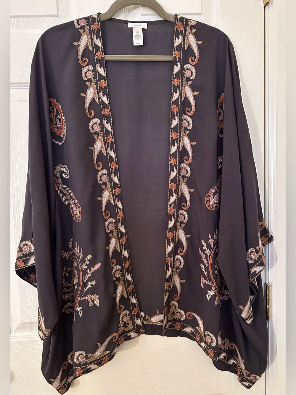 J. Jill, Pure Jill Collection, Gray Embroidered Kimono-Style Cardigan - XL-3X